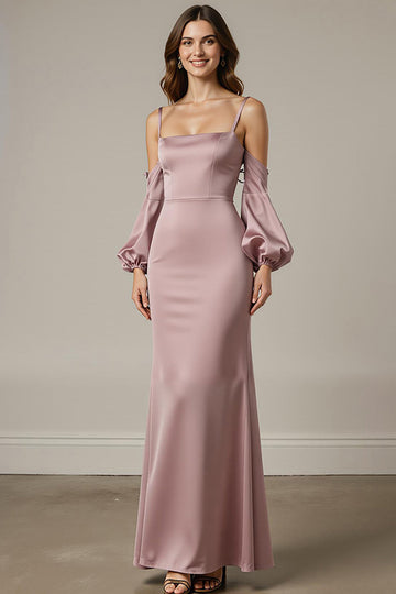Light Pink Mermaid Satin Long Formal Dress with Sleeves